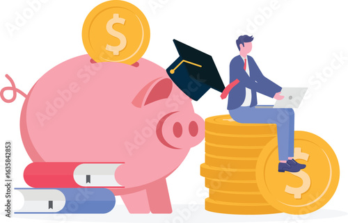 Education and investment concept with tiny character, money, book, hat and coins cash.

