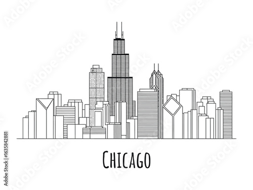 Chicago Skyline: An elegant line-drawing of the iconic Chicago skyline, showcasing its architectural grandeur and urban charm. A perfect emblem of cityscapes and building design.