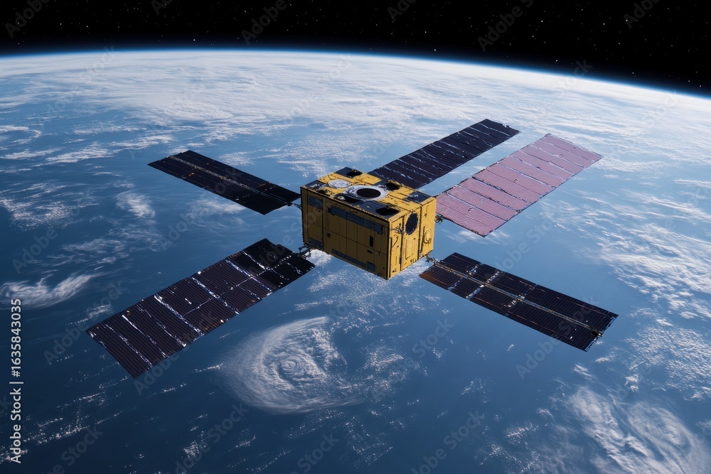 Fototapeta premium Artificial satellite orbiting Earth showcasing solar panels and planet's curvature, artificial earth satellite in orbit planet earth