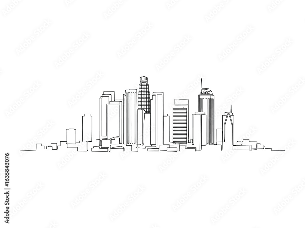 Fototapeta premium City Skyline Silhouette: A minimalist line drawing captures the iconic silhouette of an urban cityscape, showcasing the architectural prowess and the dynamic essence of a bustling metropolis.