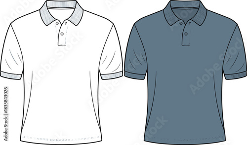  Polo shirt fashion sketch, men’s casual wear design, short sleeve flat sketch, front view, collar detail, rib cuff design