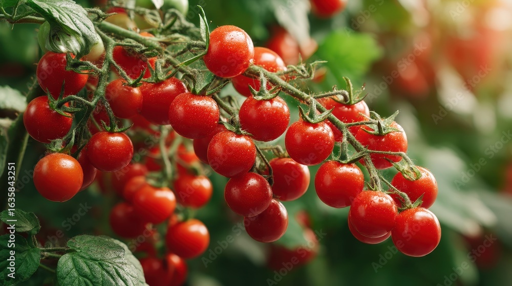 Fresh cherry tomatoes grow abundantly on the vine in a sunlit garden Fresh cherry tomatoes grow abundantly on the vine in a sunlit garden