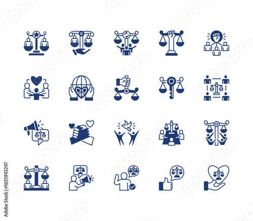 Social Justice icon collection set. Justice, Empowerment, Solidarity, Rights, Opportunity, Diversity, Unity, Community.  editable stroke icon.