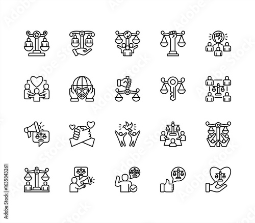 Social Justice icon collection set. Justice, Empowerment, Solidarity, Rights, Opportunity, Diversity, Unity, Community.  editable stroke icon.