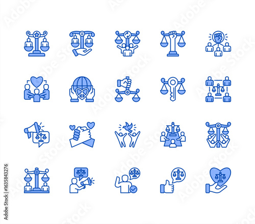 Social Justice icon collection set. Justice, Empowerment, Solidarity, Rights, Opportunity, Diversity, Unity, Community.  editable stroke icon.