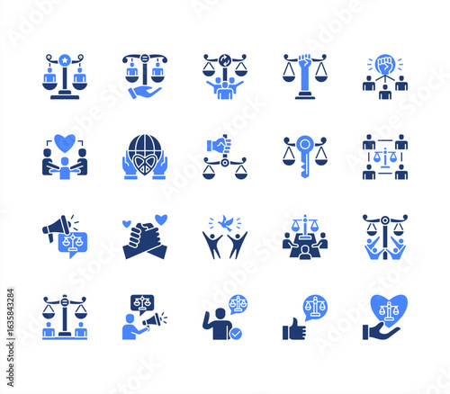 Social Justice icon collection set. Justice, Empowerment, Solidarity, Rights, Opportunity, Diversity, Unity, Community.  editable stroke icon.