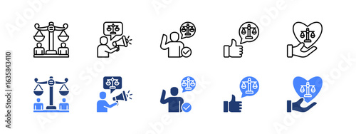 Social Justice icon set. with Fairness, Advocacy, Participation, Acceptance, Compassion