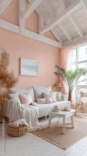 Cozy modern living room with pastel decor and natural elements for a calming atmosphere