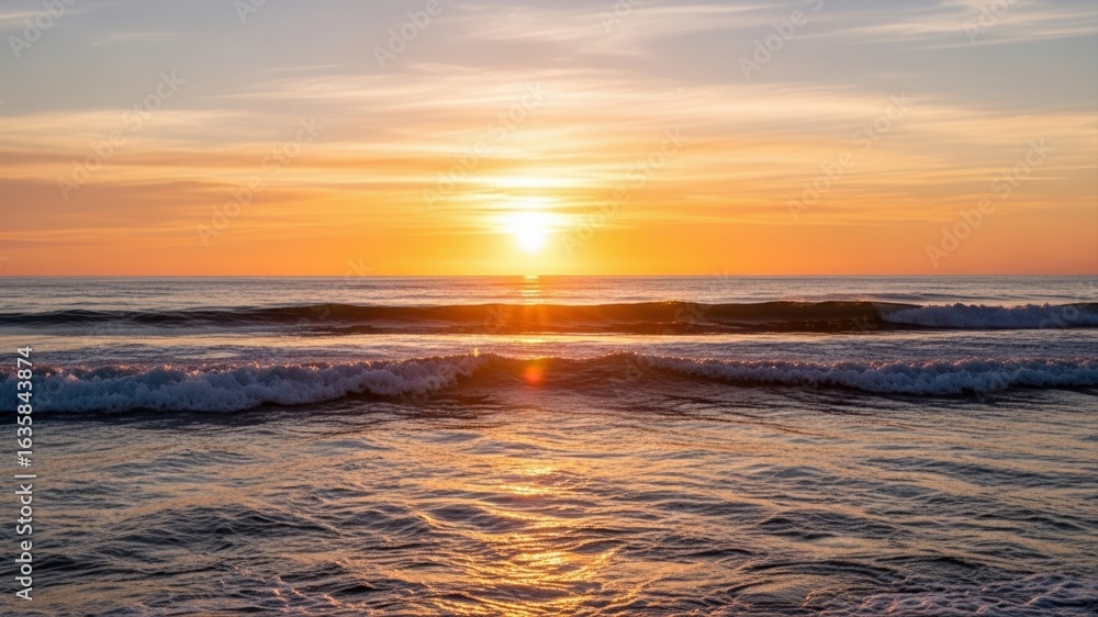 Obraz premium Serene sunset over tranquil ocean waves.