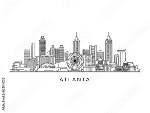 Atlanta Skyline: An elegant monochrome illustration that captures the iconic landmarks of the Atlanta skyline. Ideal for travel, architecture, or urban-themed projects.