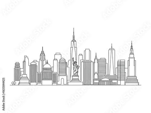 New York City Skyline Outline: The iconic silhouettes of New York City's most recognizable landmarks, elegantly presented in a clean, minimalist line art.