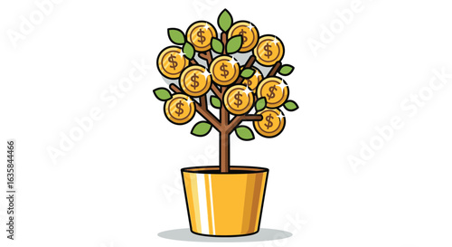 Illustration of a money tree with gold coin fruits growing in a yellow pot, symbolizing financial growth and investment.