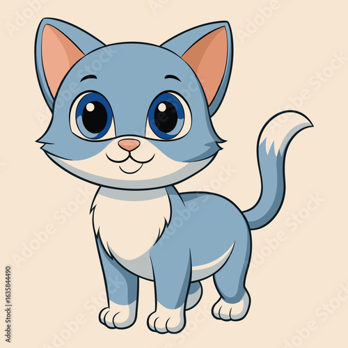 Vector art of cute blue cartoon kitten with big eyes and a fluffy tail, a playful and friendly pet
