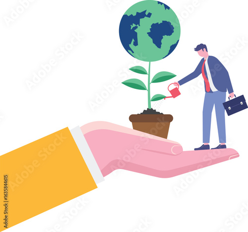 Flat illustration of businessman watering growth coin plant on globe investments global and world impact

