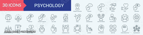 Psychology icon collection set with favorite location, thought, think, charity, care, confused, harmony, hope, thinking