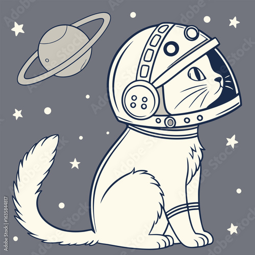 Vector art of cute cat astronaut exploring the cosmos with saturn in the background, a whimsical space adventure illustration