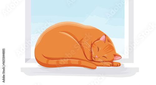 Cartoon cat sleeping peacefully on a windowsill. Light sky in background. Use blog