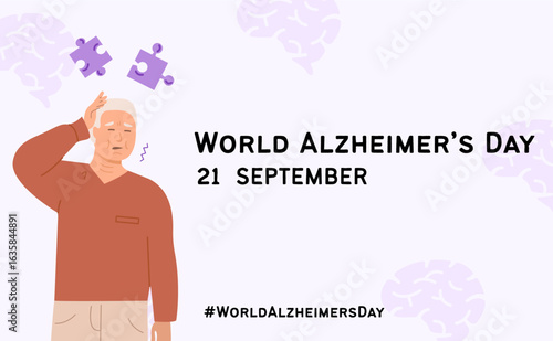 World alzheimer day awareness horizontal banner with elderly man feeling unwell, confused, signs of memory loss. Concept of dementia disease prevention poster template for social media. Vector.