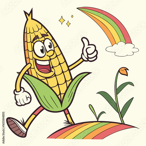 Vector art of happy corn character giving a thumbs up with a rainbow and a corn plant