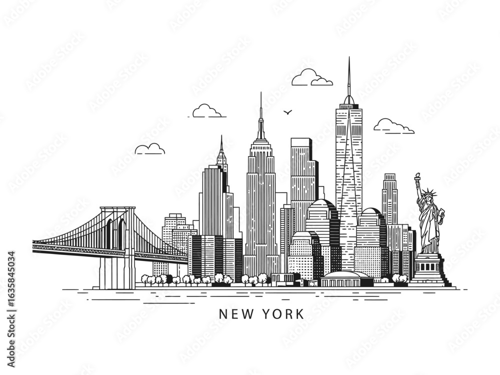 Fototapeta premium New York City Skyline in Monochrome: A minimalist depiction of the iconic New York City skyline in striking monochrome, showcasing its legendary buildings in a simple, yet powerful, artistic manner.