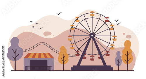 Amusement park with Ferris wheel, trees, and rollercoaster for advertising or web design