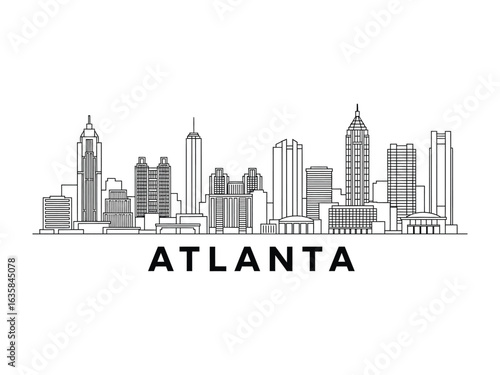 Atlanta Skyline Silhouette: A minimalistic line-art rendering showcasing the iconic cityscape of Atlanta, highlighting its modern architectural marvels and metropolitan charm.