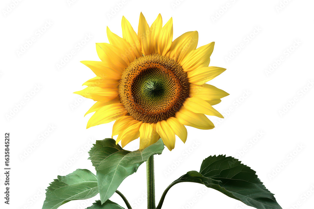 Fototapeta premium Bright yellow sunflower with green leaves isolated on transparent background. Yellow sunflower with green leaves isolated on white background.