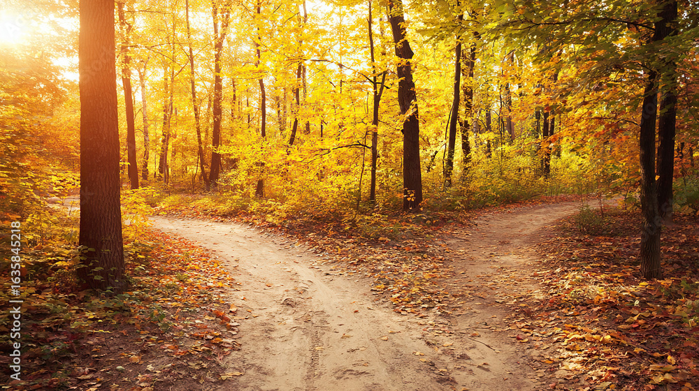 Obraz premium A forked path through a golden autumn forest, symbolizing life's choices under soft sunlight.