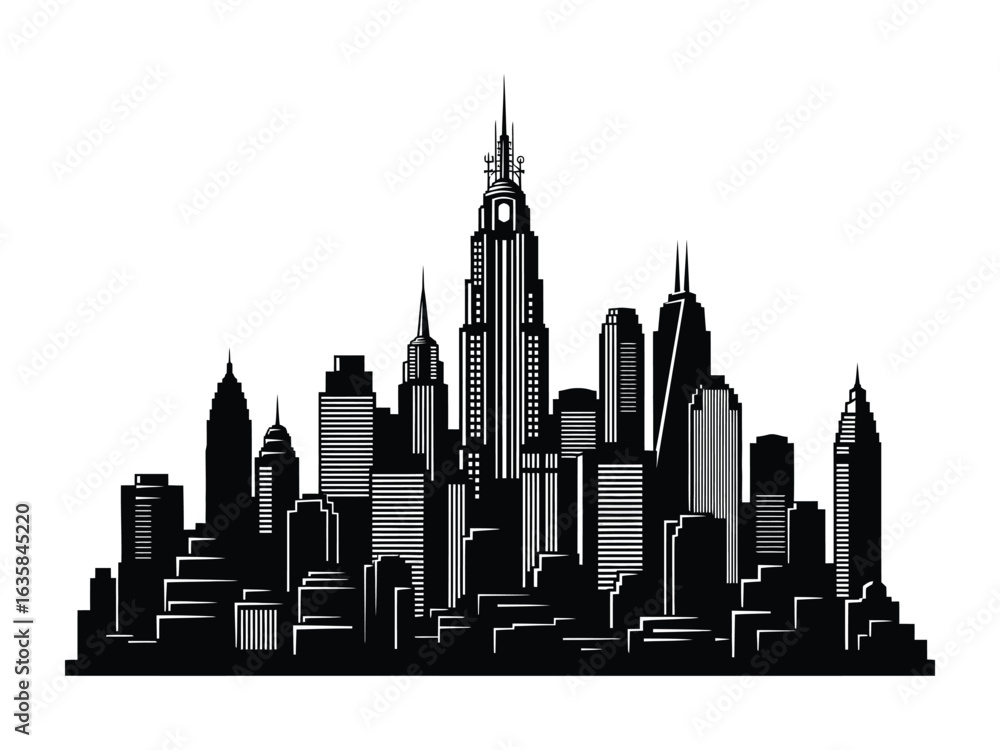 Fototapeta premium Skyline Silhouette: A striking monochrome illustration of a metropolitan skyline, featuring iconic skyscrapers silhouetted against a gradient backdrop.