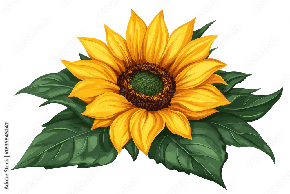 Naklejka premium Detailed watercolor sunflower with green leaves isolated on transparent background. Yellow sunflower with green leaves isolated on white background.