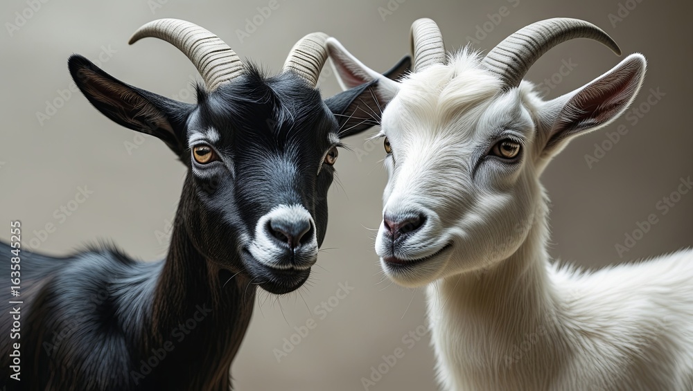 Fototapeta premium portrait of one black goat and white goat standing side by side