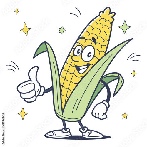 Vector art of cartoon corn cob character giving a thumbs up, isolated on white background