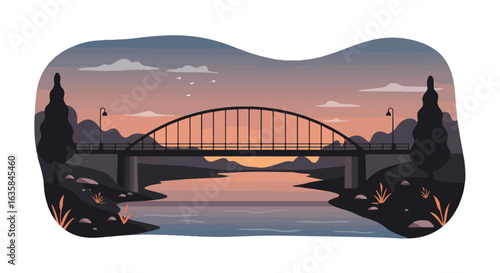 Bridge spans river as birds fly toward sunset mountains and pastel cloudy sky