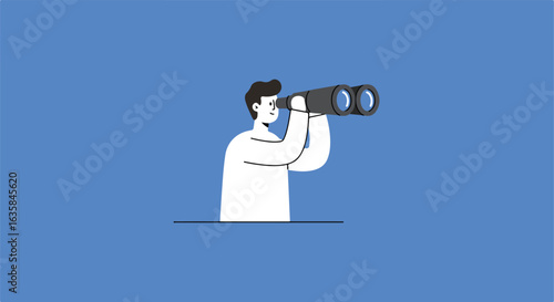Character searching with binoculars, flat background, for graphic use