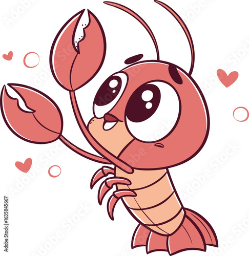 Vector art of cute cartoon lobster with big eyes and claws, isolated on white background