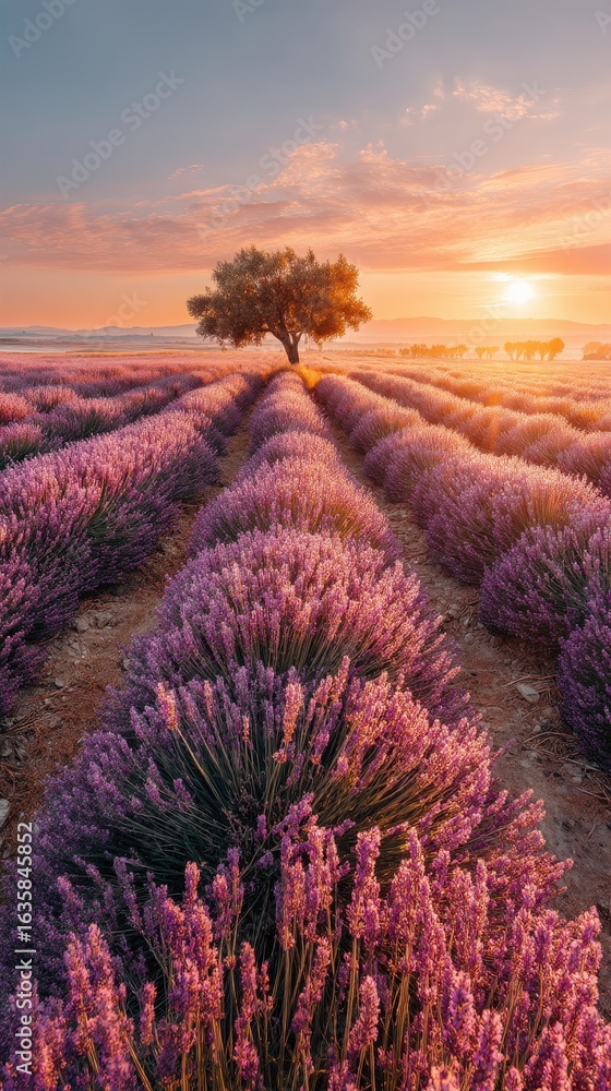 Fototapeta premium Lavender fields stretch under a golden sunset sky with a solitary tree in the distance