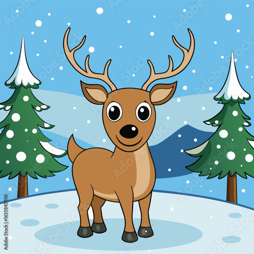 Vector art of cute cartoon reindeer standing in a snowy forest during winter with pine trees and falling snow