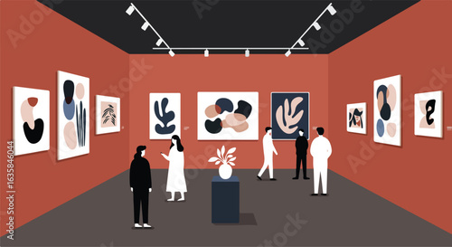 People admire paintings in an art gallery. Exhibition interior with modern art. Vector