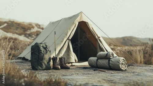 Wallpaper Mural Rustic campsite with beige tent and gear Torontodigital.ca