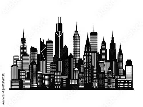 Cityscape Silhouette: A striking silhouette of a sprawling cityscape, rendered in a clean, monochromatic style. Showcasing the iconic skyline of a bustling metropolis.