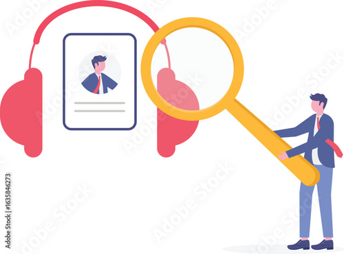 Customer self-service and service guide, contact center concept with tiny people.

