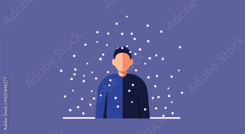 Graphic man stands in falling dots; could represent thought or ideas location unknown