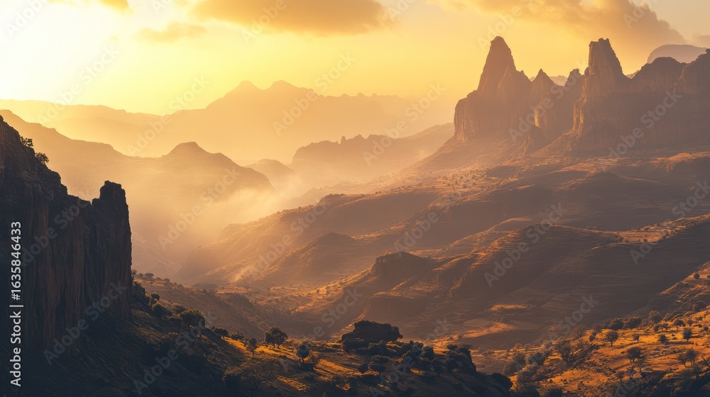 Fototapeta premium Golden hour mountain valley panorama