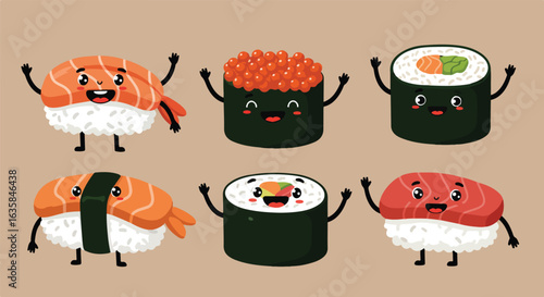 Cartoon sushi characters waving, in studio, to be used in a menu or educational book