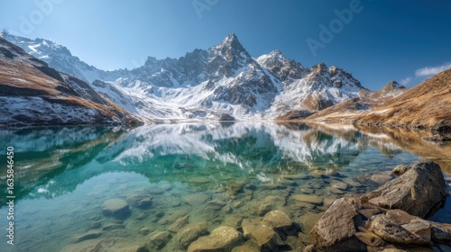 Stunning reflection of mountains and clear water in a pristine alpine lake during daylight