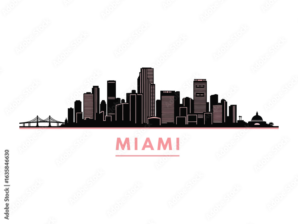 Fototapeta premium Miami Cityscape Silhouette: a sleek monochrome silhouette of Miami's iconic skyline, showcasing its architectural elegance and urban design, capturing the essence of this vibrant city.
