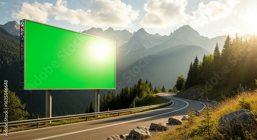 Empty green screen billboard on mountain road