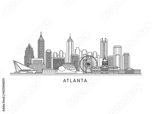 Atlanta City Skyline: A sophisticated, minimalist line-art depiction of the Atlanta skyline, capturing the iconic architectural forms of the city against a clean backdrop.