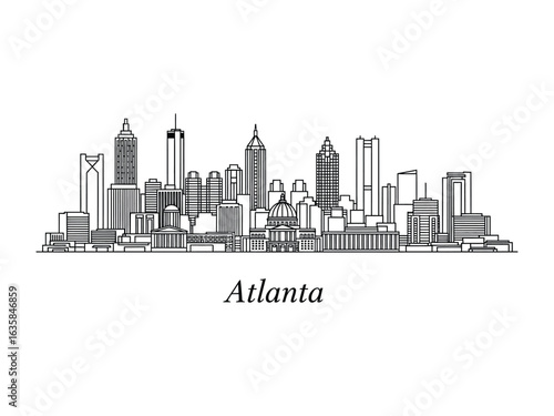 Atlanta Cityscape: a detailed monochrome line art portrayal of the Atlanta skyline, highlighting its iconic architecture. 