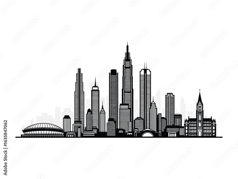 Fototapeta premium Urban Skyline: A striking silhouette of a modern cityscape stands tall against the sky, capturing the essence of architectural marvel and metropolitan expanse.